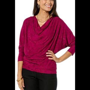 Lloyd Boston Floral Cowl-Neck 3/4-Slv Dolman Top Raspberry Radiance - Regular